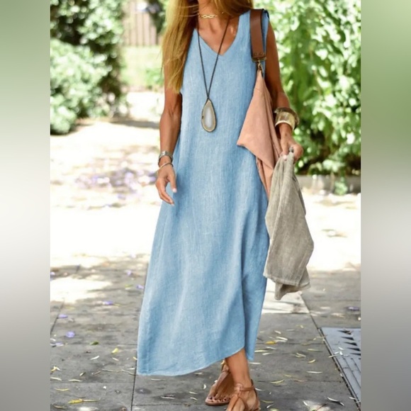 Boho Linen blend V-Neck Maxi Dress w/Pockets - Picture 1 of 1